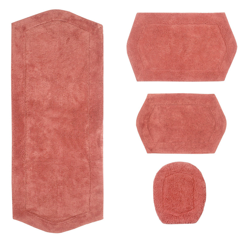 Delean 100% Cotton Bath Rug, Non-Slip, Quick Dry, Machine Washable, Absorbent - 4 Piece Set, Coral