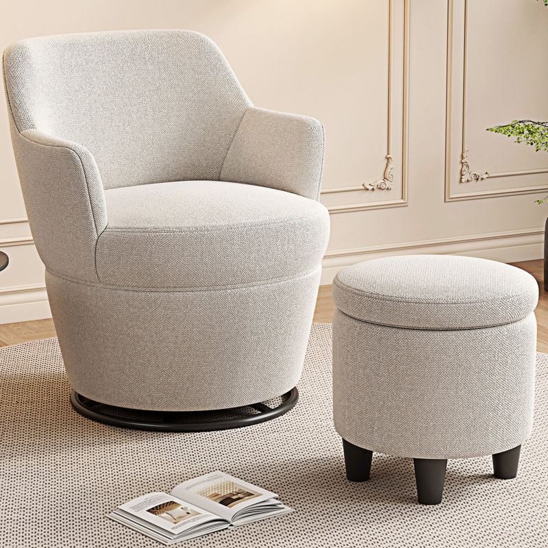 Fauteuil d'appoint pivotant avec repose-pieds, Lin de coton blanc