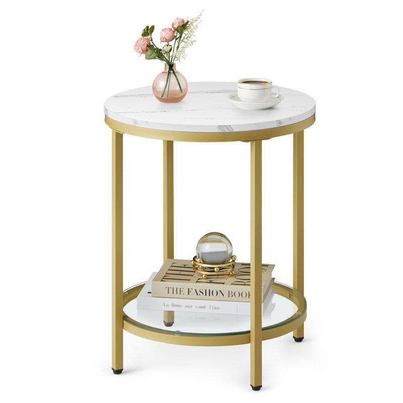 Round Faux Marble End Table with Glass Shelf, White/Gold