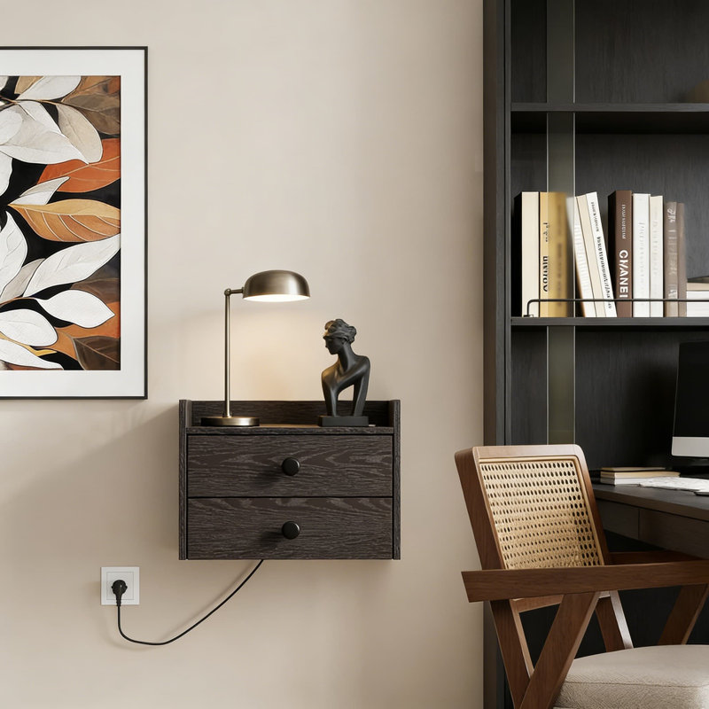 Ensemble de 2 tables de chevet flottantes avec station de charge, tables de chevet murales avec tiroirs de rangement pour chambre à coucher et petits espaces
