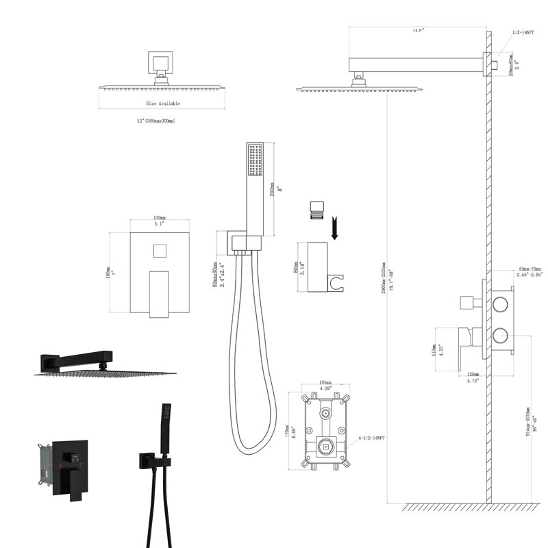Douche carrée murale 12 pouces avec deux têtes - Bronze huilé huilé, Noir mat