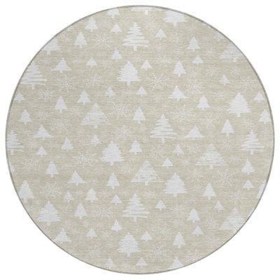 Tapis d'intérieur/extérieur rond beige et ivoire de 2,4 m (8 pi) à motif d'arbres, lavable