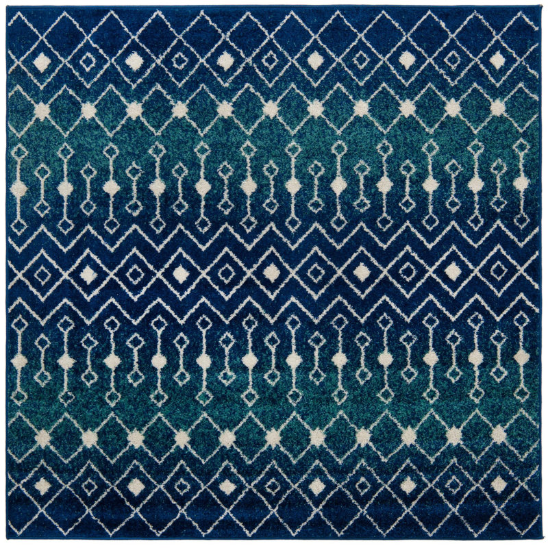 Tapis bleu / ivoire en polypropylène tissé à la machine Briehn, Carré 6 pi