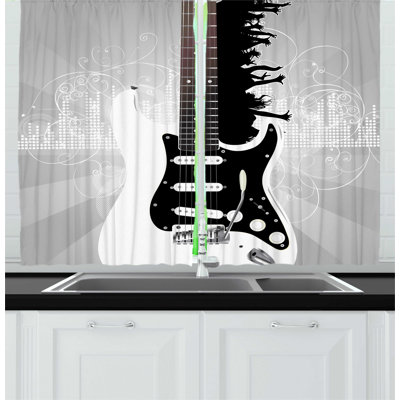 2 Piece Guitar Contemporary Layout of People Silhouettes Partying with Curvy Details Kitchen Curtain Set -  East Urban Home, F356651ACFF045BD8BB1A098FCF65A98