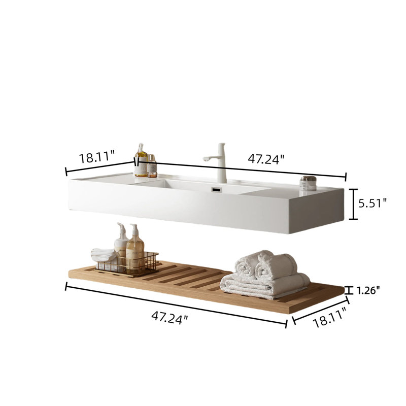 48" Bathroom Vanity With Vessel Sink, Wall-Mounted Floating White Rectangular Engineered Stone Basin Without Faucet, Striped Shelves Layer