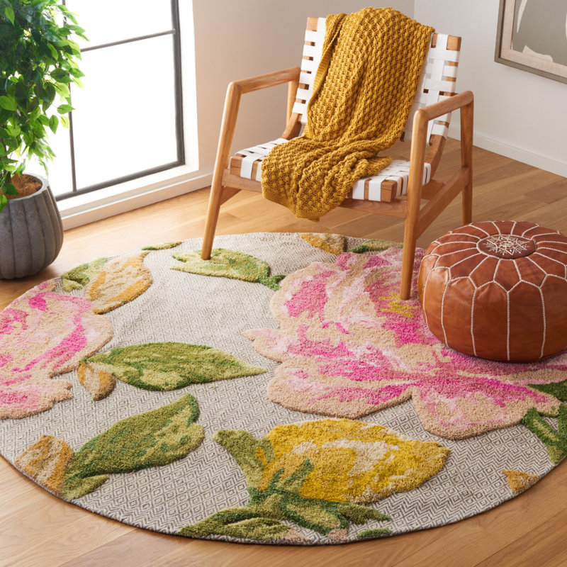 Tapis blanc / rose en laine / coton touffeté à la main Albertice, Rond 6 pi