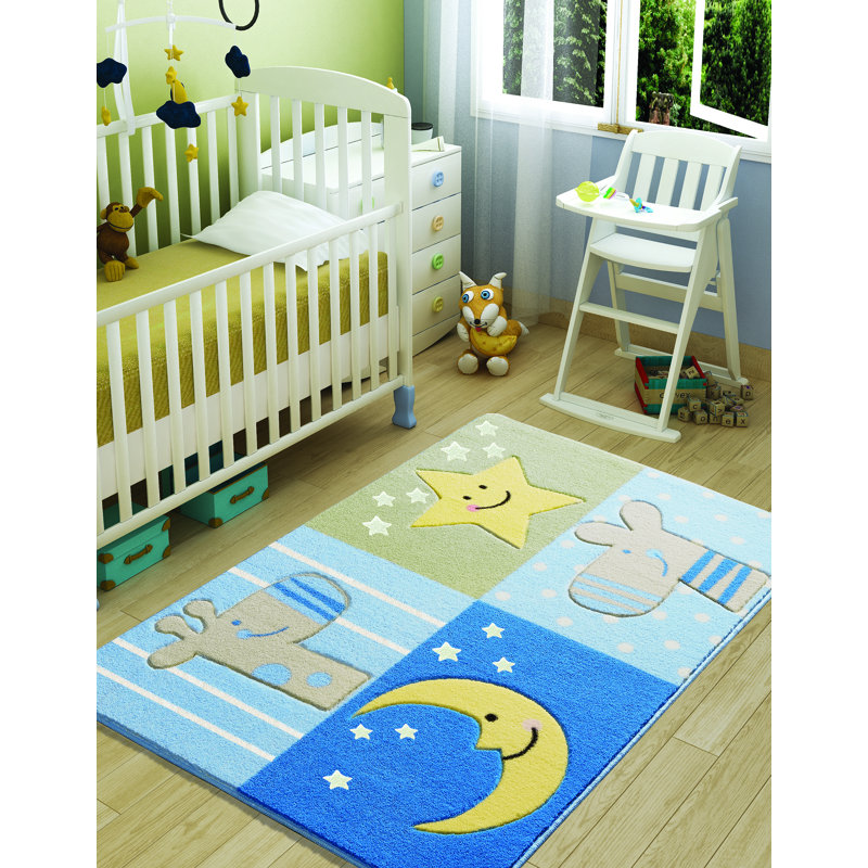 Tapis bleu / blanc tissé à la machine rectangulaire 3 pi 3 po x 4 pi 11 po Guernon