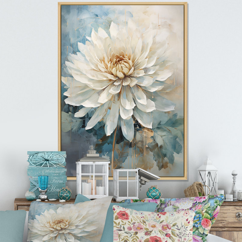 Simple dahlia beige et bleu III - imprimé, Cadre naturel flottant, H 20 po x l 12 po x P 1 po
