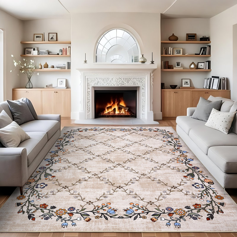 Washable Area Rug Farmhouse Floral Rug Non Slip, Soft Thin Low Pile Floor Carpet, Non Shedding & Stain Resistant, Indoor Foldable Accent Printed Mat for Living Room/Bedroom/Nursery