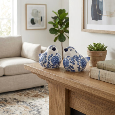 Chinoiserie Ceramic Birds Figurine for Living Room Decor - Decorative Sculpture Objects for Home Shelf or Table Display - Set of 2, 6", Blue & White