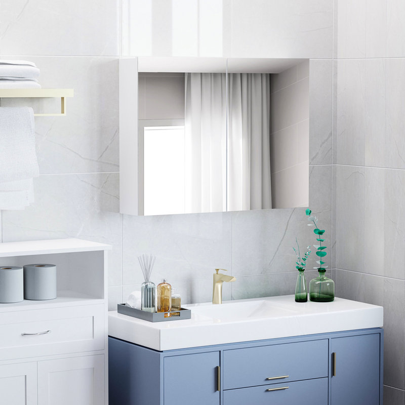 Armoire de salle de bain miroir avec rangement et tablettes réglables - 31,5 po x 23,5 po, style moderne, grand espace, charnières de porte silencieuses, touche blanche, capacité,