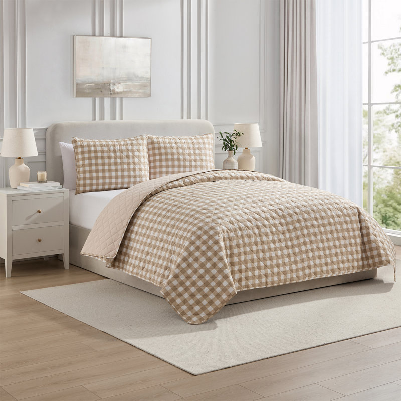 VCNY Home Gingham Microfiber Quilt Set, Taupe, Queen Quilt + 2 Standard Shams