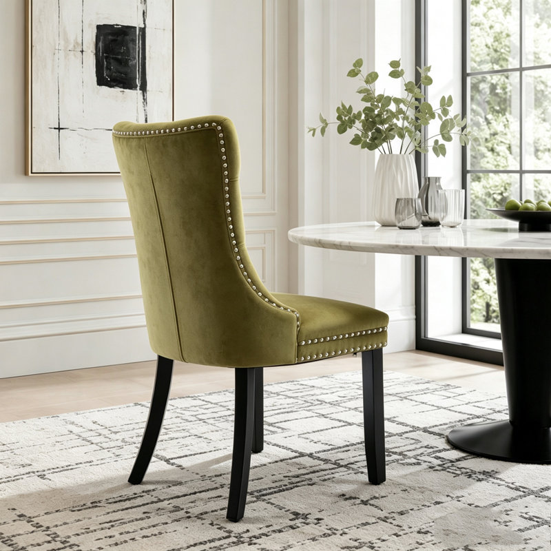 Chaise de salle à manger contemporaine en bois massif recouverte de velours, Vert olive