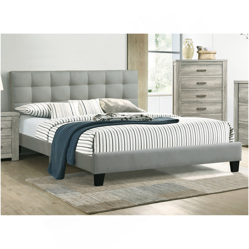 Très grand lit gris avec tête de lit et panneau de particules revêtu de polyfibre, Très grand lit, Grey