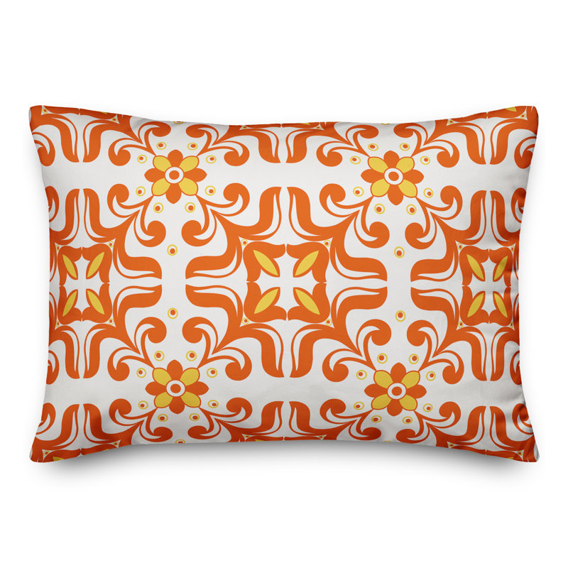Tile Rectangular Outdoor Pillow Cover, Polyester/Polyfill, Orange/Off White/Yellow