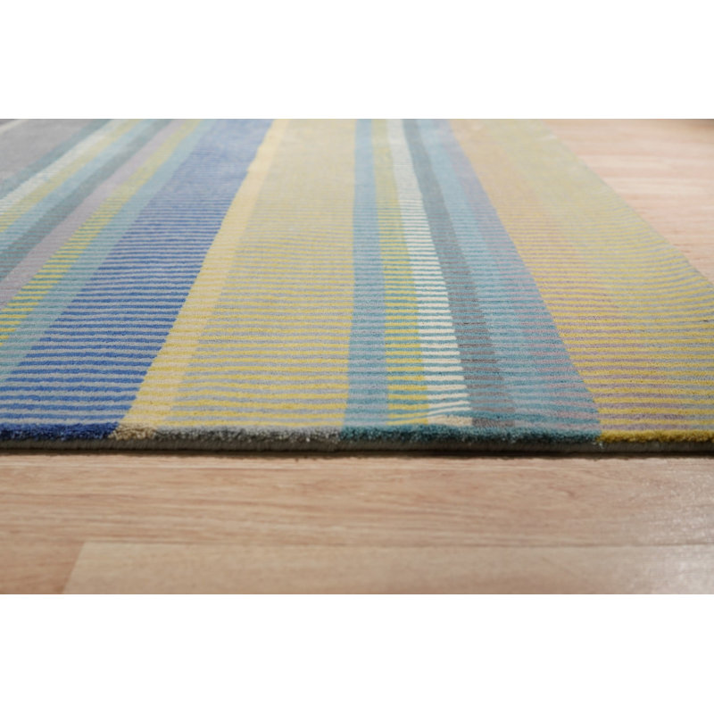 Green Hand-Knotted Wool Chromatic Stripes Geometric Modern Contemporary Carpet Rug, 10' x 14'