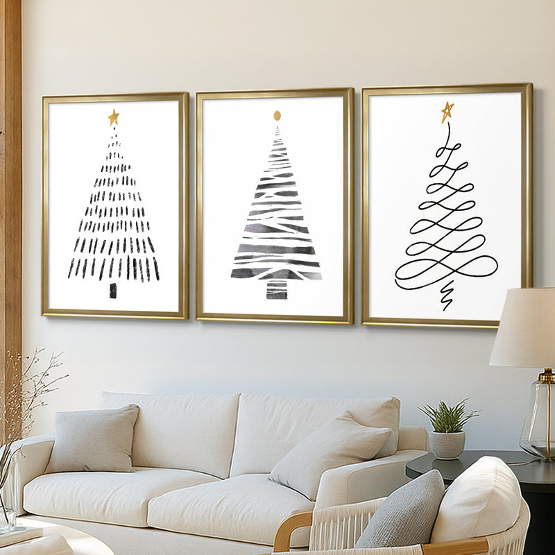 Arbre de Noël - Toile tendue avec châssis sur mesure - 3 pièces, H 30 po x l 63 po, Doré