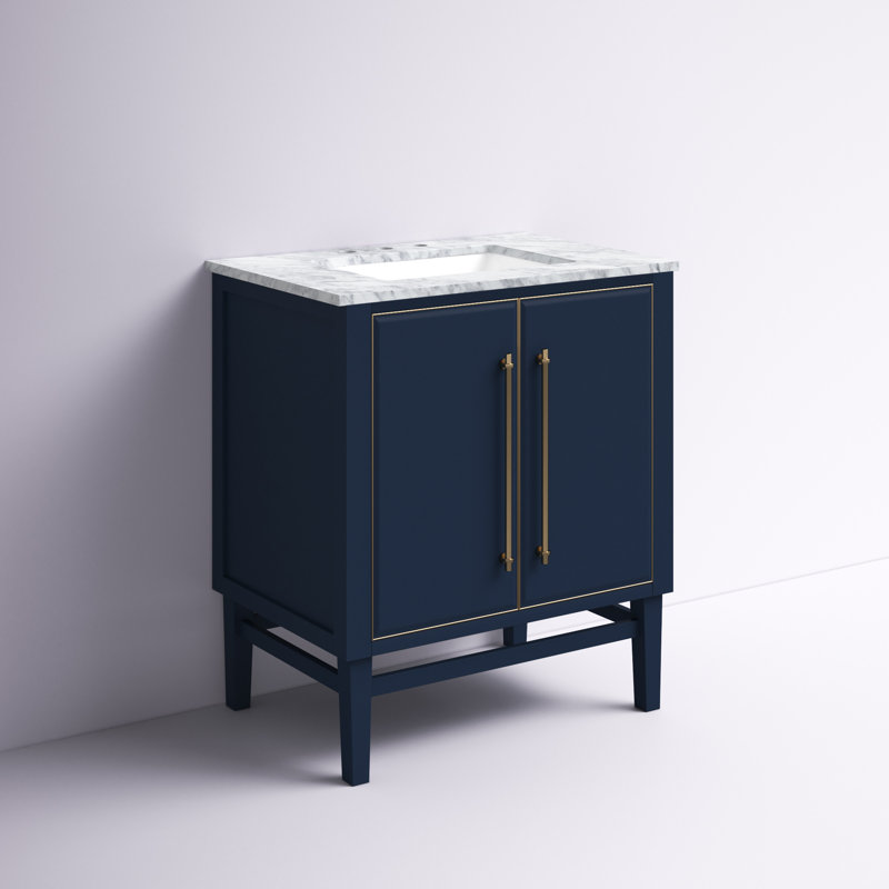 Ewen 31" W Single Bathroom Vanity with Carrara Marble Top, Carrara White, Matte Gold, Navy Blue