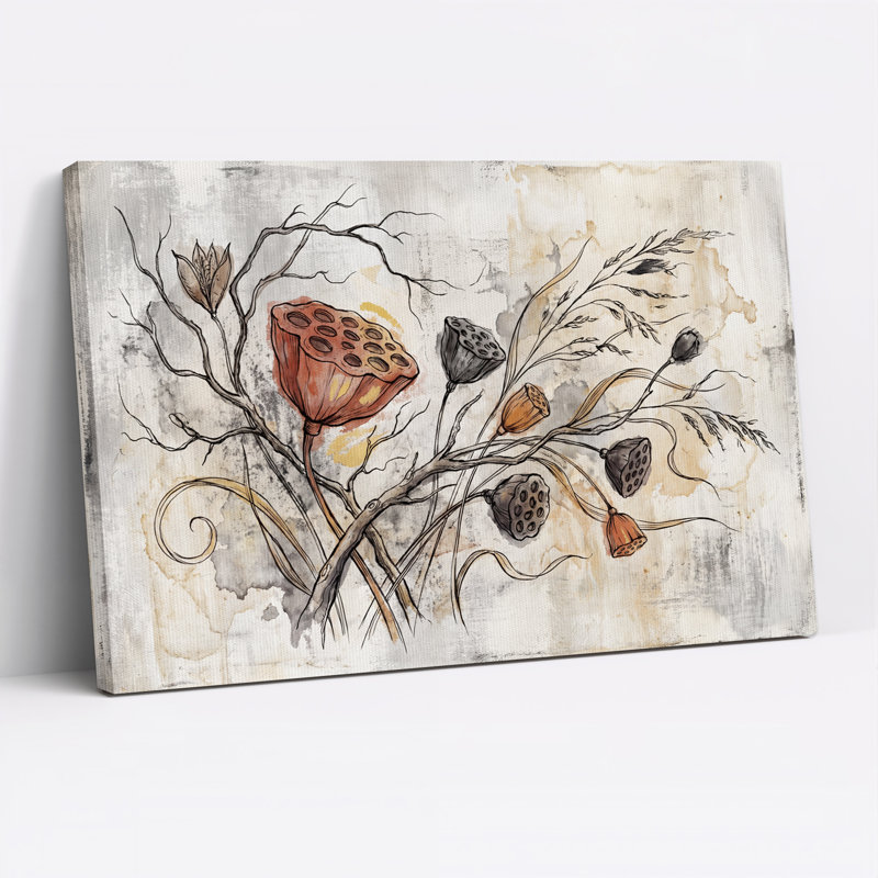 Aquarelle sur toile, cosses de lotus séchées, H 12 po x l 18 po