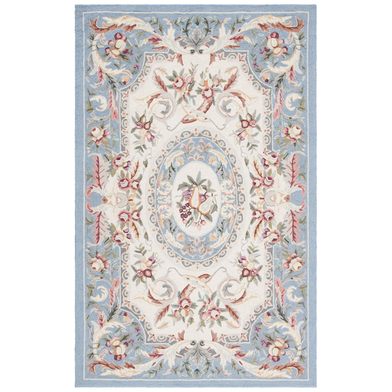 Blue Floral Hand-Hooked Wool Area Rug 5'3" x 8'3"