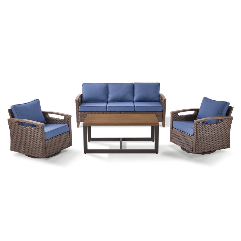 Arundel 5 Person Outdoor Patio Rattan Conversation Set With Swivel Chairs, Blue