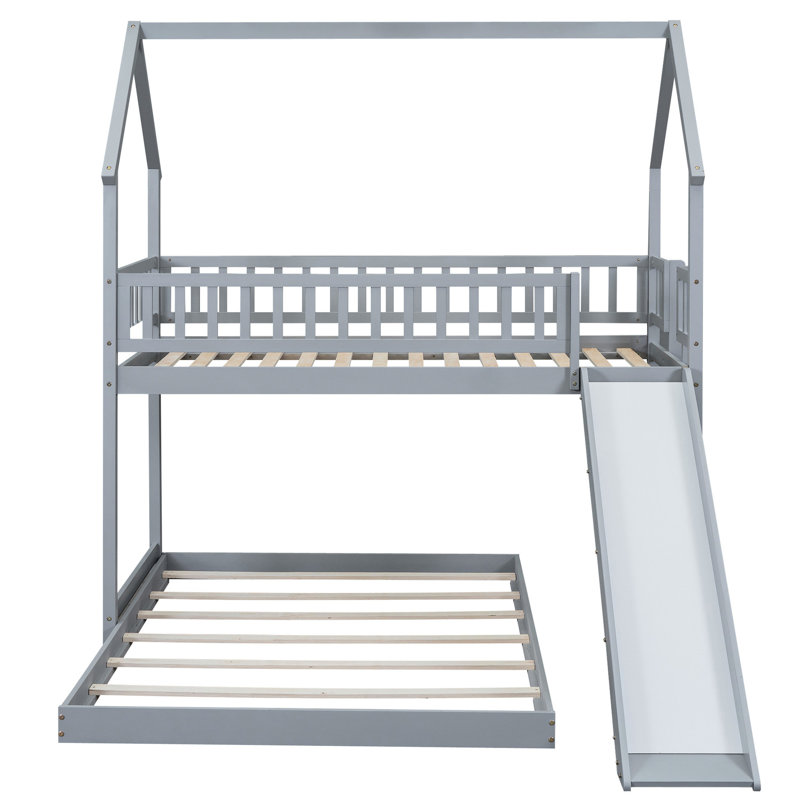 Lit superposé simple au-dessus d'un lit double gris avec glissade et garde-corps, fabriqué en matériaux, sans sommier pour une bonne expérience de repos, gris intégré, assemblage facile