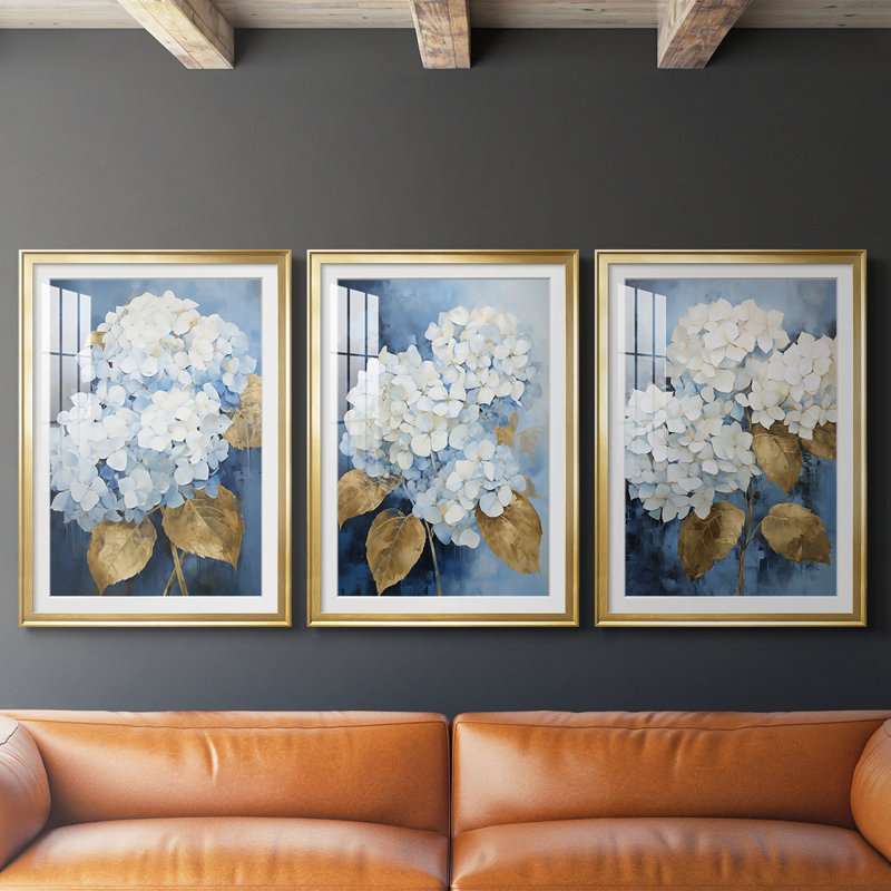 FLORAL Series CXII - Impression encadrée de qualité supérieure sur mesure mat - 3 pièces, H 21 po x l 30 po, Doré