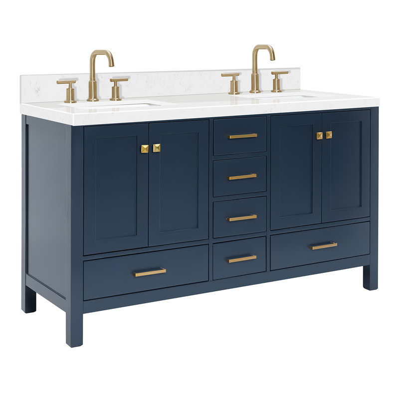 Cambridge 60.25'' Double Bathroom Vanity with Carrara Quartz Top, Midnight Blue / Satin Brass