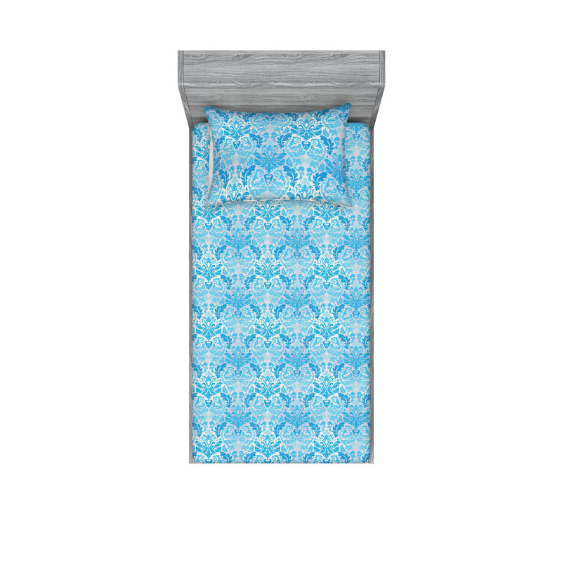 Ambesonne Fitted Sheet & Shams, Deep Sky/Blue/Pale Gray Damask, Twin Sheet Set with 1 Pillowcase