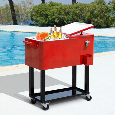 Outsunny 80 QT Rolling Cooling Bins Ice Chest On Wheels Outdoor Stand Up Drink Cooler Cart For Party