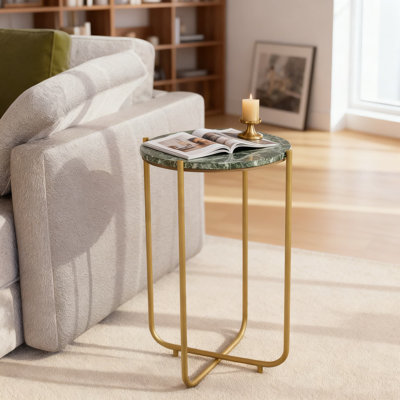 Round End Table With Genuine Green Marble Top And Gold Metal Frame | 24 Inch Accent Table For Living Room, Bedside, Or Small Spaces