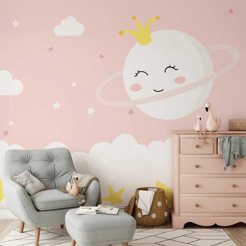 Papier peint amovible Sourire pleine lune avec étoiles sur fond rose, L 9 po x l 15 po