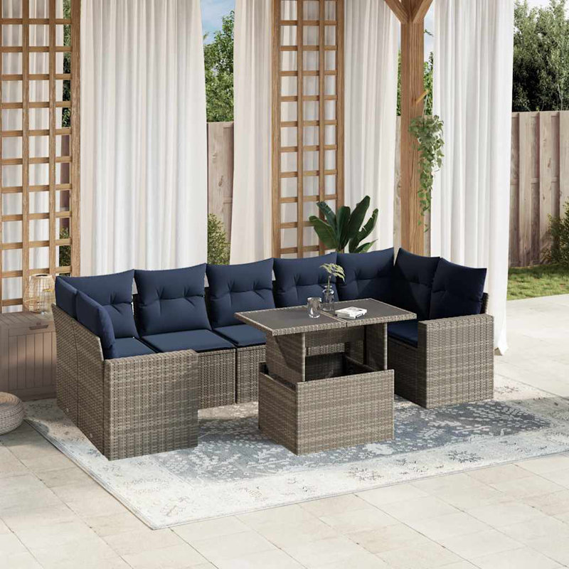 Ensemble de canapé de patio 8 pièces avec coussins en rotin de polyester, Gris, Marine