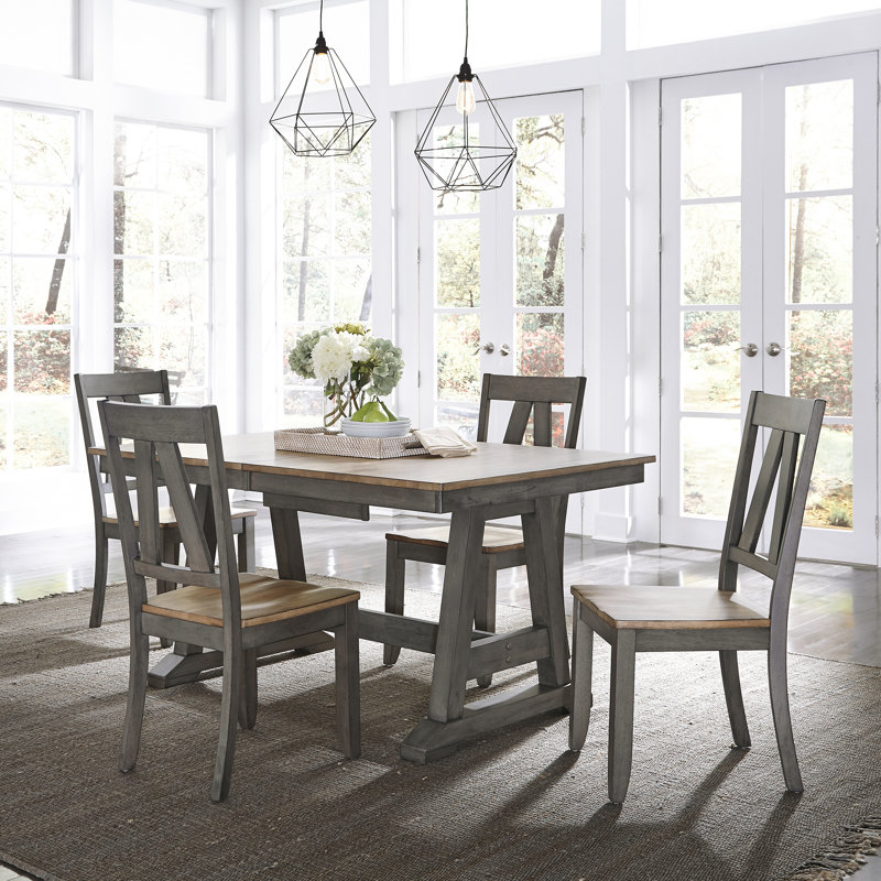 Keswick 4 Person Trestle Dining Table Set w/ 18" Butterfly Leaf, 5 Pieces: Table, 4 Chairs, Brown
