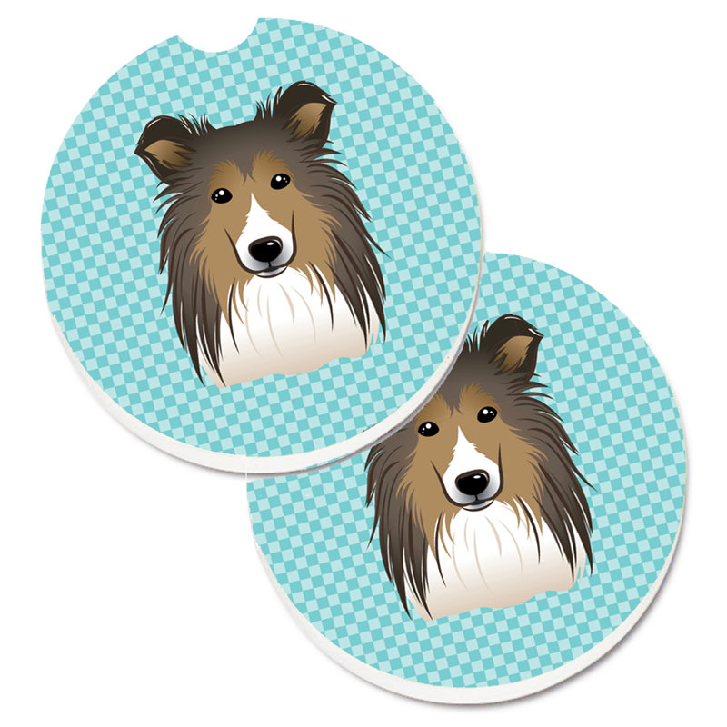 Ceramic Round 2 Piece Car Coaster Set, Blue, Sheltie