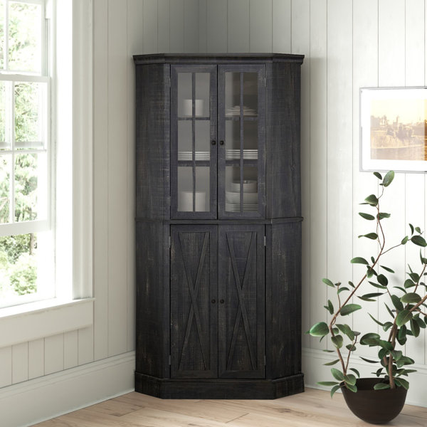 Solid Pine Wood Four Door Corner Storage Cabinet in Solid Black