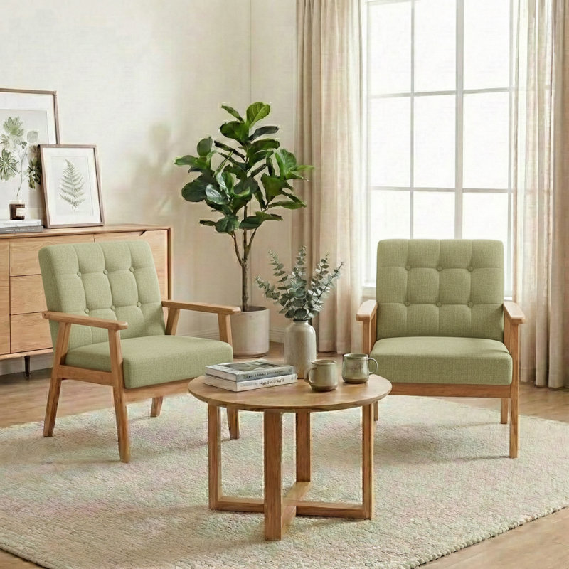 Nordic Style Solid Wood Upholstered Armchair, Green