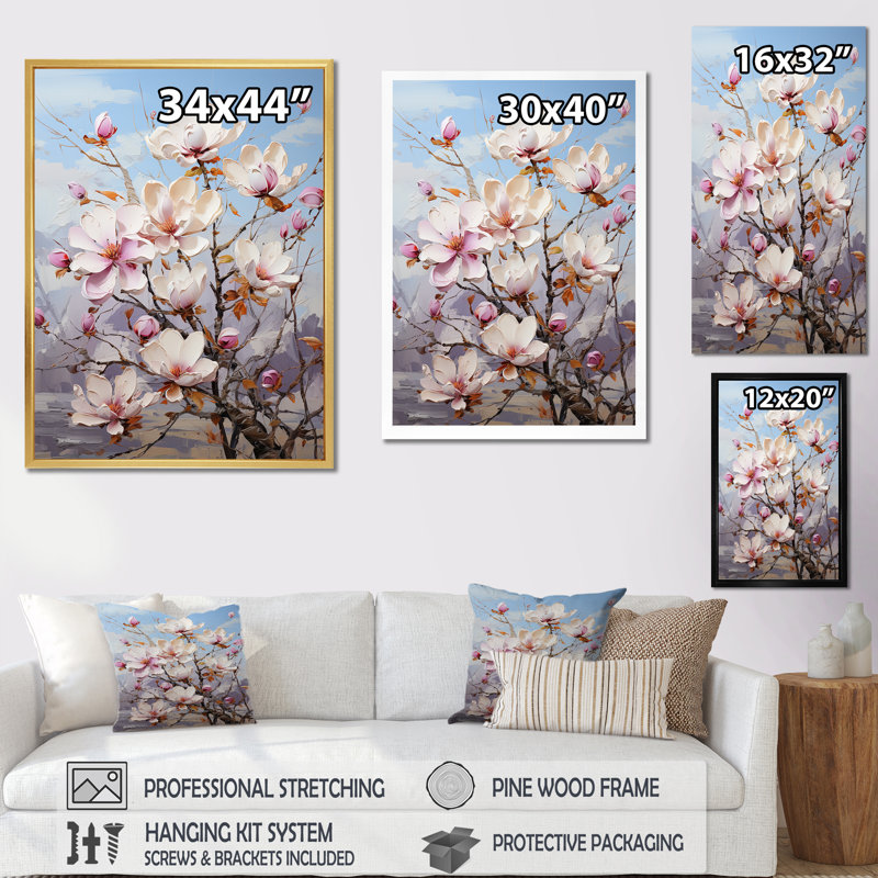 «Magnolia Bliss» rose et blanc sur toile, Cadre simple noir, H 40 po x l 30 po x P 1,5 po