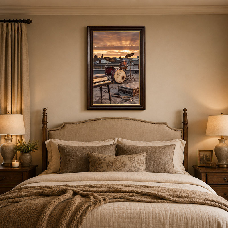 «Drum Kit and clavier sur le toit au coucher du soleil», art mural, 18"H x 12"W