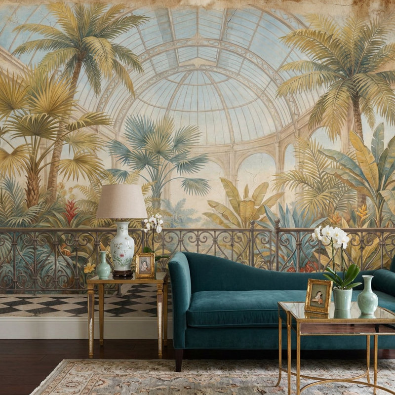 Décoration murale serre tropicale avec palmiers en verre amovible, 120 po x 96 po, Textured Non-Pasted