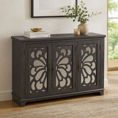 Buffet de 125,3 cm (49,33 pouces) avec 3 portes miroir et étagères réglables, meuble de rangement fini brun pour salon et salle à manger