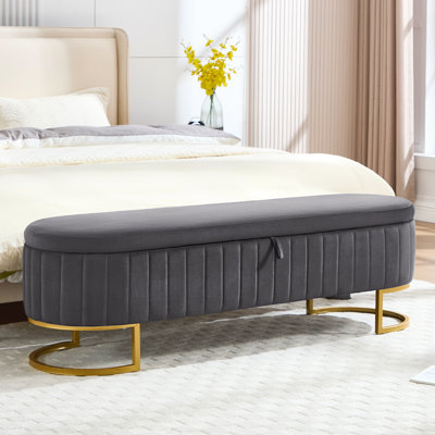 Velvet Upholstered Storage Bench with Horseshoe-Shaped Metal Legs for Living Room: Stylish and Functional Bed-End Solution