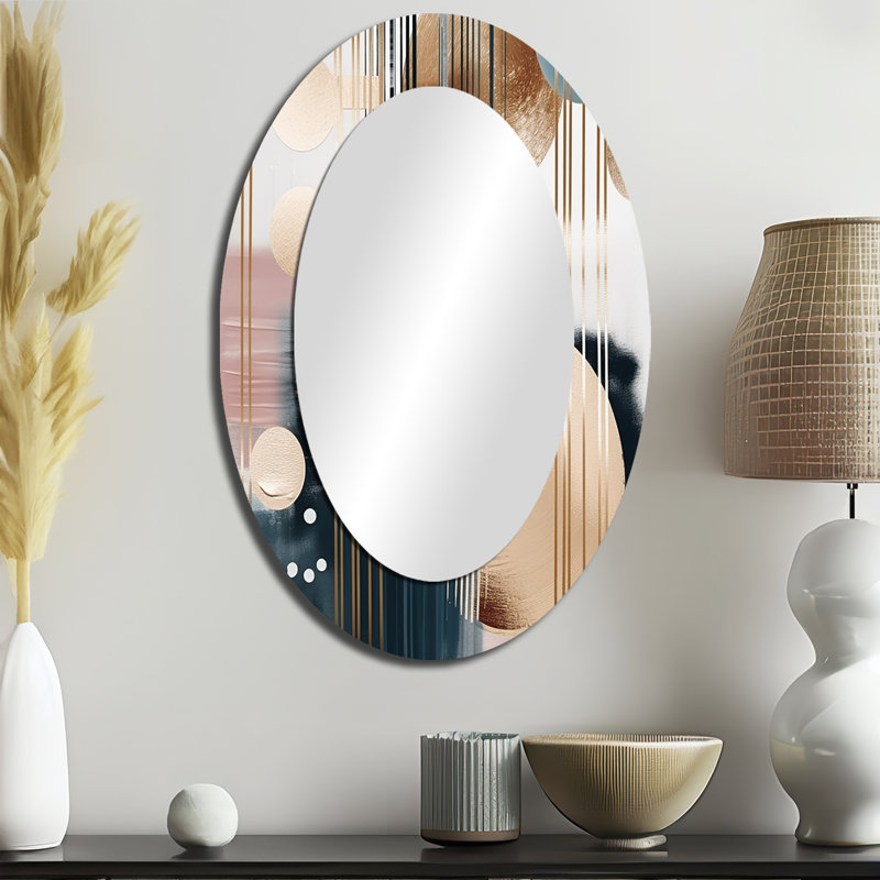 Soft Colors Shapes And Lines Marble III - Abstract Oval Decorative Mirror On Metal, 36" x 24"