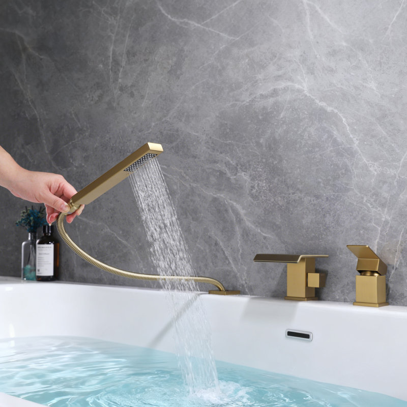Solid Brass Deck Mounted Waterfall Roman Tub Filler with Hand Shower, Brushed Gold