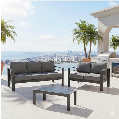 3-Piece Modern Aluminum Patio Conversation Set, 5-Seat Outdoor Sofa with  Thick dark Gray Cushions  Gray Frame and Coffee Table
