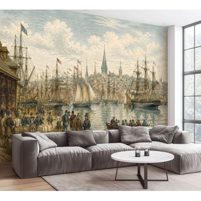 Wall Mural Peel and Stick Wallpaper Historic Harbor Scene Sailboats Dockside Activity Vintage Style Self-Adhesive Removable Contact Paper Wall Decor for Living Room Bedroom 100"H x 144"W