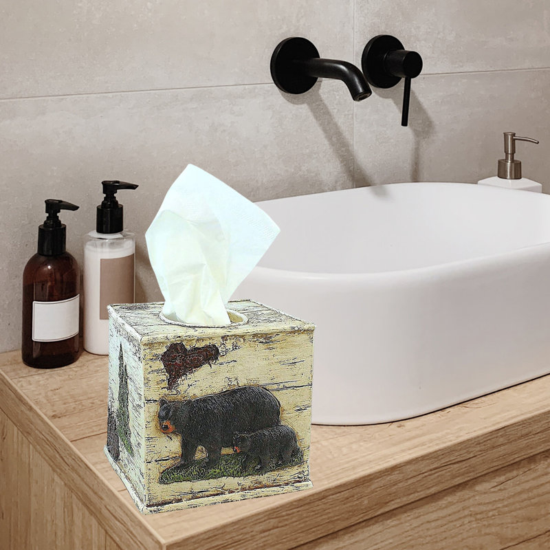 Resin Rustic Tissue Box Cover Black Bear on Birch Design