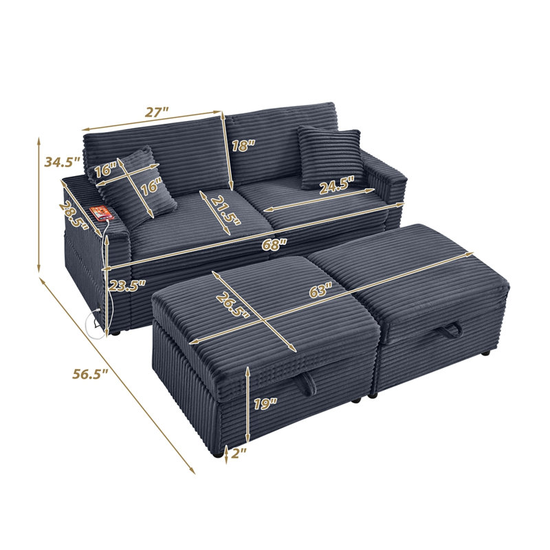 Canapé confortable moelleux en velours côtelé, espace de rangement pour grande causeuse, méridienne super douce avec repose-pieds double et plateau de table