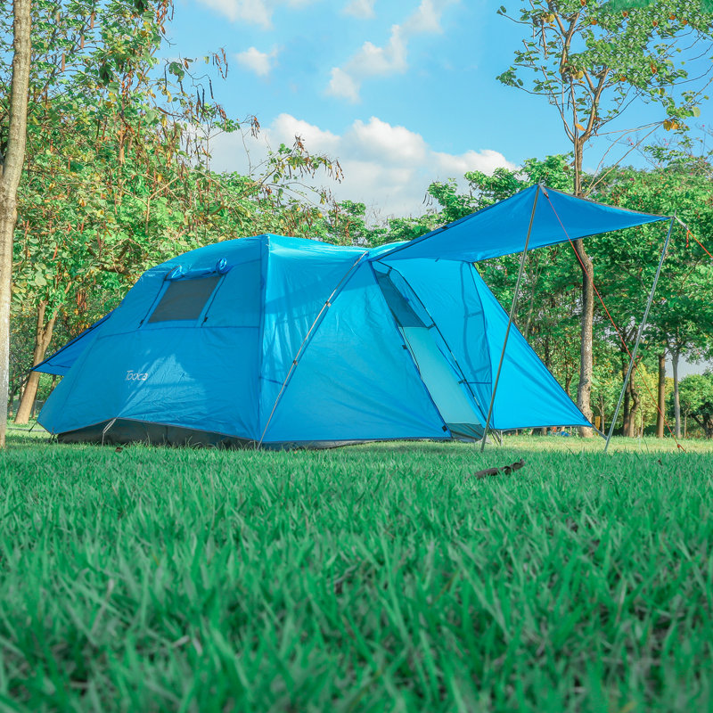 Tente de camping 4 personnes avec voile d'ombrage, Bleu