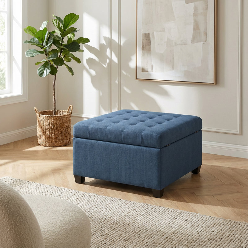 Repose-pieds de rangement contemporain en tissu avec couvercle capitonné et compartiment de rangement caché, Marine